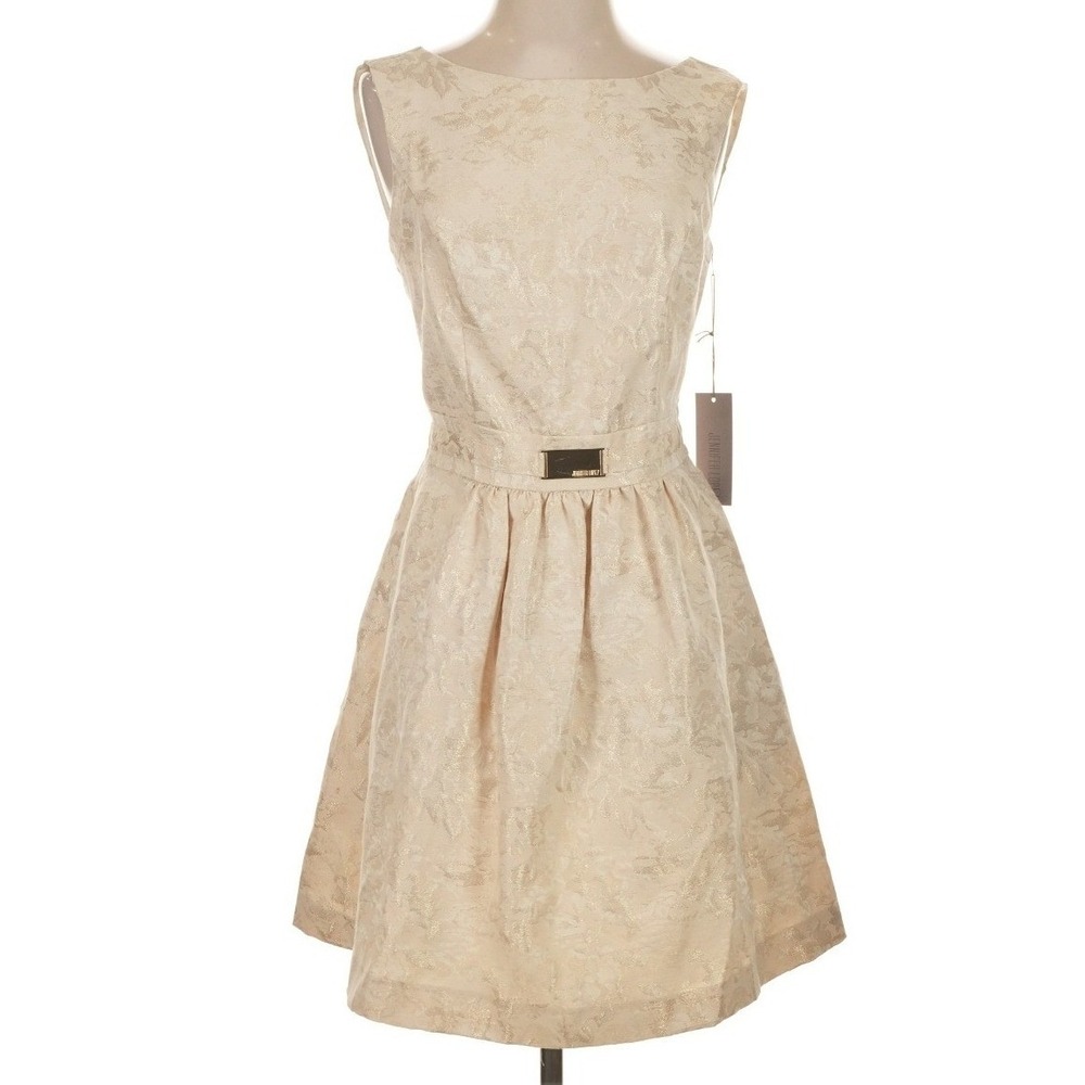 Jennifer Lopez Brocade Dress Womens 10 Eggnog Gold Metallic Floral JL212422